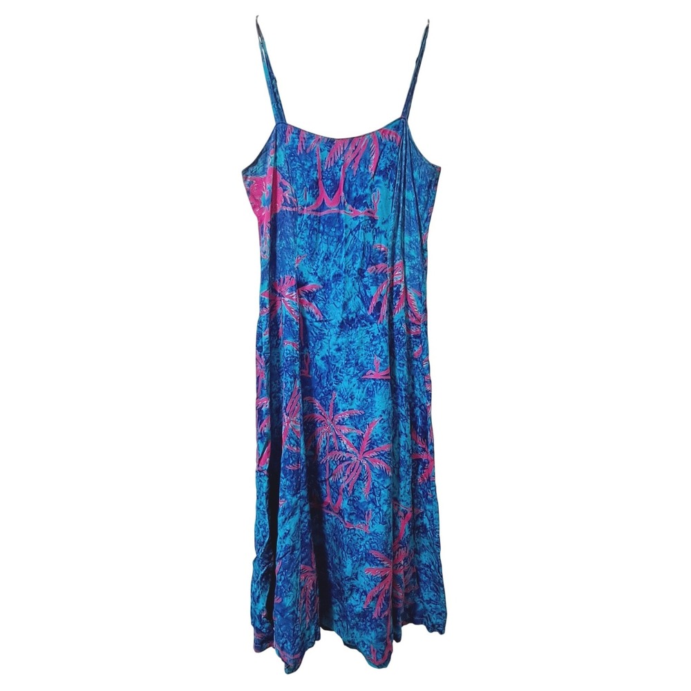 Dalila Handmade Batik Rayon Midi Sundress Blue Pink Palm Tree Print Womens Small
